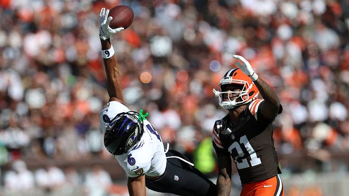 Oct 18, 2026; Cleveland, Ohio, USA; Baltimore Ravens wide receiver Ja'Kobi Lane (6) attempts to grab a pass under pressure from Cleveland Browns cornerback Denzel Ward (21) in the second quarter at Huntington Bank Field. Mandatory Credit: Scott Galvin-Imagn Images Oct 18, 2026; Cleveland, Ohio, USA; Baltimore Ravens wide receiver Ja'Kobi Lane (6) attempts to grab a pass under pressure from Cleveland Browns cornerback Denzel Ward (21) in the second quarter at Huntington Bank Field. Mandatory Credit: Scott Galvin-Imagn Images