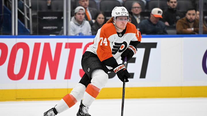 Mar 25, 2025; Toronto, Ontario, CAN; Philadelphia Flyers forward Owen Tippett (74) skates with the puck against the Toronto Maple Leafs in the first period at Scotiabank Arena. Mandatory Credit: Dan Hamilton-Imagn Images Mar 25, 2025; Toronto, Ontario, CAN; Philadelphia Flyers forward Owen Tippett (74) skates with the puck against the Toronto Maple Leafs in the first period at Scotiabank Arena. Mandatory Credit: Dan Hamilton-Imagn Images