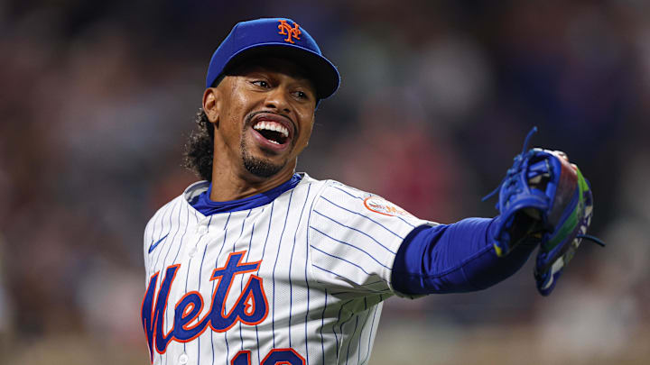 Sep 17, 2025; New York City, New York, USA; New York Mets shortstop Francisco Lindor (12) reacts during the sixth inning against the San Diego Padres at Citi Field. Mandatory Credit: Vincent Carchietta-Imagn Images