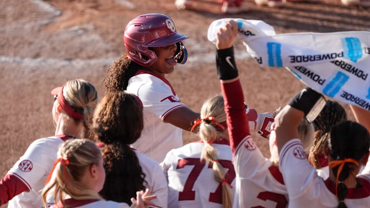 Oklahoma's Corri Hicks celebrates after hitting a home run to end the game on a run rule in the fifth inning of a softball game in the Norman Regional of the NCAA Tournament between the University of Oklahoma Sooners (OU) and the Boston University Terriers at Love's Field in Norman, Okla., Friday, May 16, 2025.