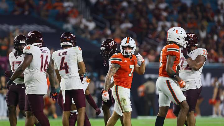 Sep 27, 2024; Miami Gardens, Florida, USA; Miami Hurricanes wide receiver Xavier Restrepo (7) reacts after running with the football against the Virginia Tech Hokies during the third quarter at Hard Rock Stadium. Mandatory Credit: Sam Navarro-Imagn Images