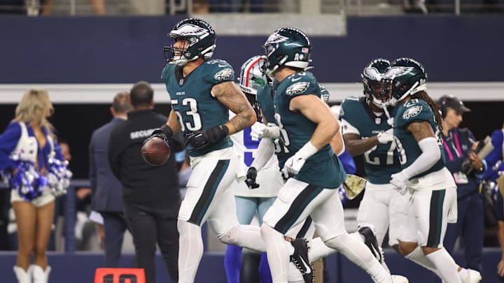 Nov 10, 2024; Arlington, Texas, USA; Philadelphia Eagles linebacker Zack Baun (53) reacts after recovering a fumble against the Dallas Cowboys in the third quarter at AT&T Stadium. Mandatory Credit: Tim Heitman-Imagn Images Nov 10, 2024; Arlington, Texas, USA; Philadelphia Eagles linebacker Zack Baun (53) reacts after recovering a fumble against the Dallas Cowboys in the third quarter at AT&T Stadium. Mandatory Credit: Tim Heitman-Imagn Images