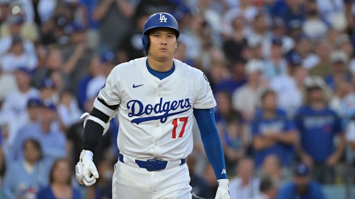 Oct 9, 2025; Los Angeles, California, USA; Los Angeles Dodgers designated hitter Shohei Ohtani (17) reacts after striking out in the tenth inning against the Philadelphia Phillies during game four of the NLDS round for the 2025 MLB playoffs at Dodger Stadium. Mandatory Credit: Jayne Kamin-Oncea-Imagn Images Oct 9, 2025; Los Angeles, California, USA; Los Angeles Dodgers designated hitter Shohei Ohtani (17) reacts after striking out in the tenth inning against the Philadelphia Phillies during game four of the NLDS round for the 2025 MLB playoffs at Dodger Stadium. Mandatory Credit: Jayne Kamin-Oncea-Imagn Images