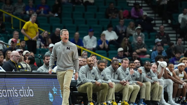 Nov 26, 2025; Las Vegas, NV, USA; Michigan Wolverines head coach Dusty May reacts in the first half against the Gonzaga Bulldogs in the 2025 Players Era Festival championship game at MGM Grand Garden Arena. Mandatory Credit: Kirby Lee-Imagn Images Nov 26, 2025; Las Vegas, NV, USA; Michigan Wolverines head coach Dusty May reacts in the first half against the Gonzaga Bulldogs in the 2025 Players Era Festival championship game at MGM Grand Garden Arena. Mandatory Credit: Kirby Lee-Imagn Images
