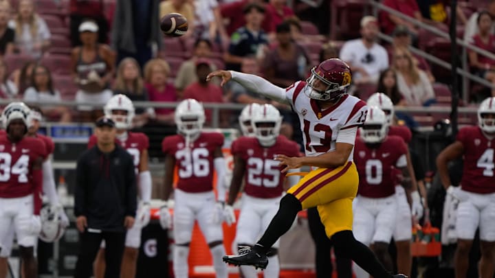 Sep 10, 2022; Stanford, California, USA;  USC Trojans quarterback Caleb Williams (13) throws the