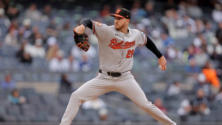 Sep 25, 2026; Bronx, New York, USA; Baltimore Orioles starting pitcher Trevor Rogers (28) pitches against the New York Yankees during the first inning at Yankee Stadium. Mandatory Credit: Brad Penner-Imagn Images