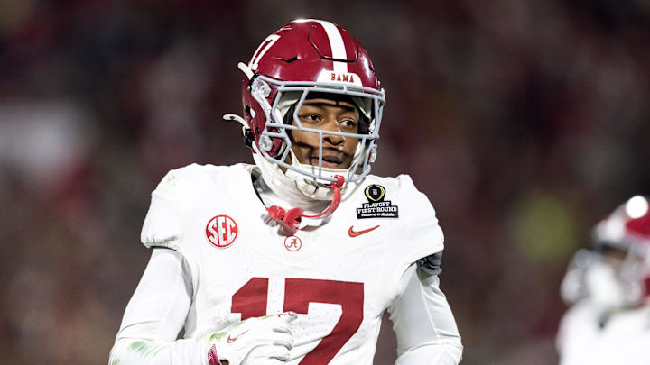 Dec 19, 2025; Norman, OK, USA; Alabama Crimson Tide wide receiver Lotzeir Brooks (17) against the Oklahoma Sooners during the CFP National Playoff First Round at Gaylord Family Oklahoma Memorial Stadium. Mandatory Credit: Mark J. Rebilas-Imagn Images