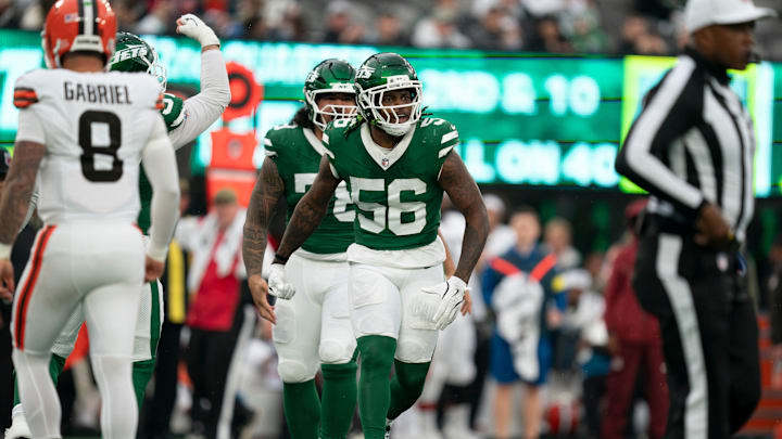 New York Jets linebacker Quincy Williams (56) celebrates after making a tackle during an NFL Week 10 game between the New York Jets and the Cleveland Browns at MetLife Stadium on Sunday, Nov. 9, 2025. New York Jets linebacker Quincy Williams (56) celebrates after making a tackle during an NFL Week 10 game between the New York Jets and the Cleveland Browns at MetLife Stadium on Sunday, Nov. 9, 2025.