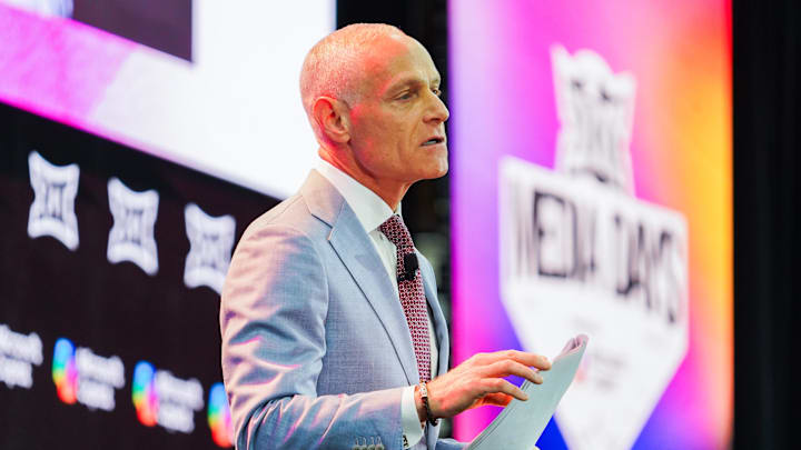 Big 12 Commissioner Brett Yormark addresses the media during the 2025 Big 12 Football Media Days at The Star. Big 12 Commissioner Brett Yormark addresses the media during the 2025 Big 12 Football Media Days at The Star.