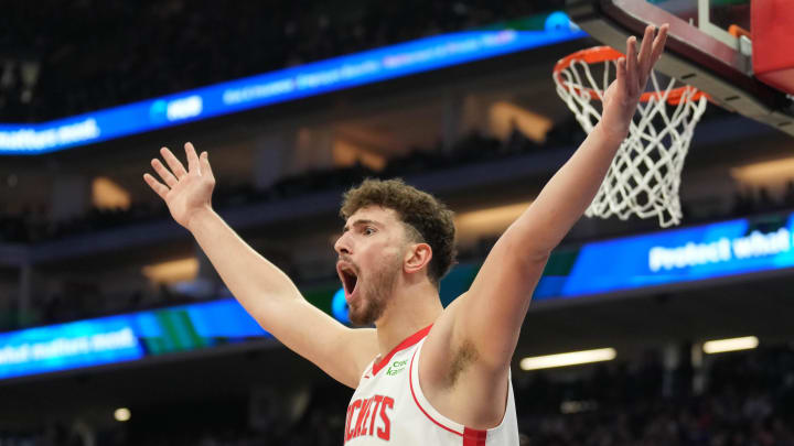 Mar 10, 2024; Sacramento, California, USA; Houston Rockets center Alperen Sengun (28) reacts during the second quarter against the Sacramento Kings at Golden 1 Center. Mandatory Credit: Darren Yamashita-USA TODAY Sports Mar 10, 2024; Sacramento, California, USA; Houston Rockets center Alperen Sengun (28) reacts during the second quarter against the Sacramento Kings at Golden 1 Center. Mandatory Credit: Darren Yamashita-USA TODAY Sports