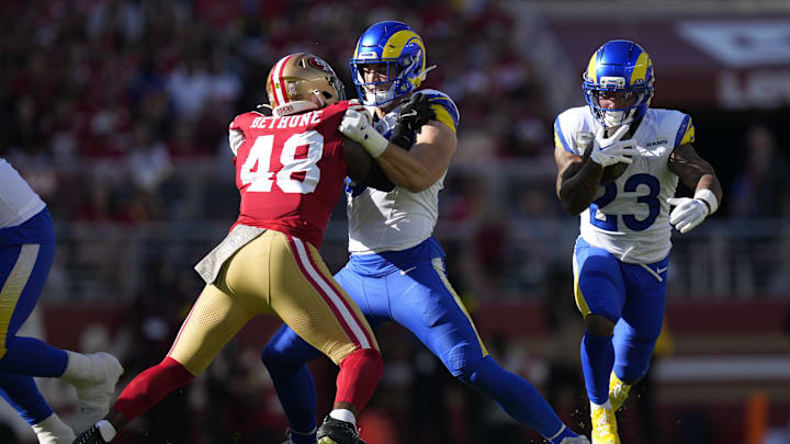 Nov 9, 2025; Santa Clara, California, USA; Los Angeles Rams running back Kyren Williams (23) runs the ball during the first quarter against the San Francisco 49ers at Levi's Stadium. Mandatory Credit: Kyle Terada-Imagn Images