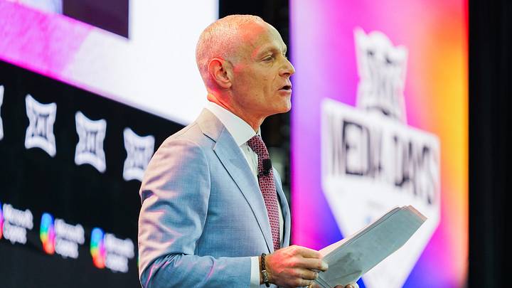 Jul 8, 2025; Frisco, TX, USA; Big 12 Commissioner Brett Yormark addresses the media during the 2025 Big 12 Football Media Days at The Star. Mandatory Credit: Raymond Carlin III-Imagn Images Jul 8, 2025; Frisco, TX, USA; Big 12 Commissioner Brett Yormark addresses the media during the 2025 Big 12 Football Media Days at The Star. Mandatory Credit: Raymond Carlin III-Imagn Images