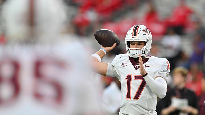 Sep 19, 2026; College Park, Maryland, USA;  Virginia Tech Hokies quarterback Ethan Grunkemeyer (17) warms up before a game against the Virginia Tech Hokies at SECU Stadium. Mandatory Credit: Jamie Sabau-Imagn Images