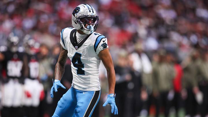 Nov 16, 2025; Atlanta, Georgia, USA; Carolina Panthers wide receiver Tetairoa McMillan (4) looks on during the second quarter against the Atlanta Falcons at Mercedes-Benz Stadium. Mandatory Credit: Brett Davis-Imagn Images Nov 16, 2025; Atlanta, Georgia, USA; Carolina Panthers wide receiver Tetairoa McMillan (4) looks on during the second quarter against the Atlanta Falcons at Mercedes-Benz Stadium. Mandatory Credit: Brett Davis-Imagn Images