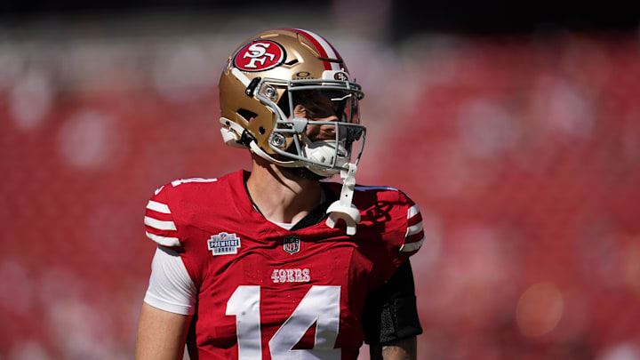 San Francisco 49ers wide receiver Ricky Pearsall (14) stands on the field before the start of the game against the Kansas City Chiefs at Levi's Stadium. San Francisco 49ers wide receiver Ricky Pearsall (14) stands on the field before the start of the game against the Kansas City Chiefs at Levi's Stadium.