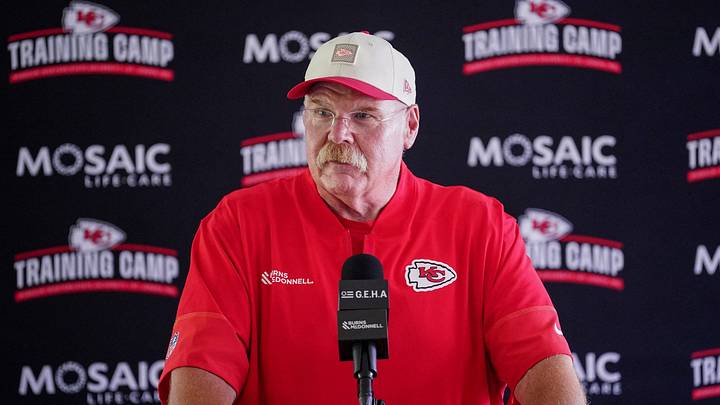 Jul 29, 2026; St. Joseph, MO, USA; Kansas City Chiefs head coach Andy Reid talks to media after training camp at Missouri Western State University. Mandatory Credit: Denny Medley-Imagn Images Jul 29, 2026; St. Joseph, MO, USA; Kansas City Chiefs head coach Andy Reid talks to media after training camp at Missouri Western State University. Mandatory Credit: Denny Medley-Imagn Images