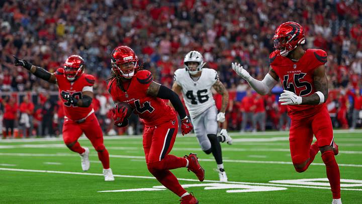 Houston Texans cornerback Derek Stingley Jr. (24) returns an interception for a touchdown against the Las Vegas Raiders in the first quarter at NRG Stadium. Houston Texans cornerback Derek Stingley Jr. (24) returns an interception for a touchdown against the Las Vegas Raiders in the first quarter at NRG Stadium.