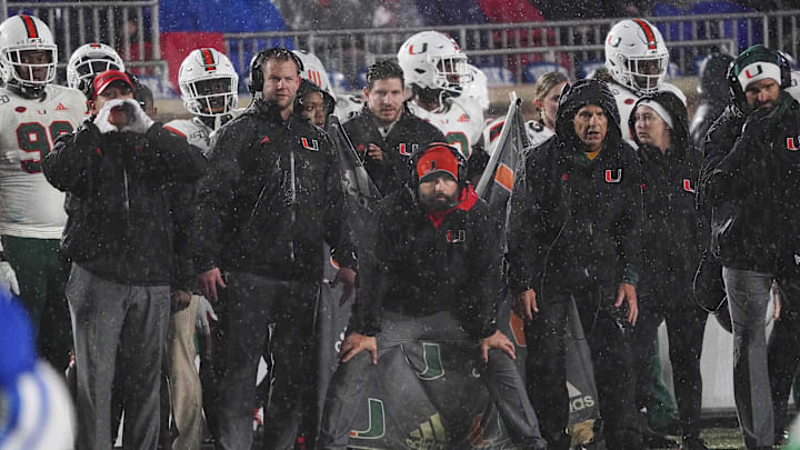 Nov 30, 2019; Durham, NC, USA;  Miami Hurricanes head coach Manny Diaz looks on during the second half against the Duke Blue Devils at Wallace Wade Stadium. Mandatory Credit: James Guillory-Imagn Images