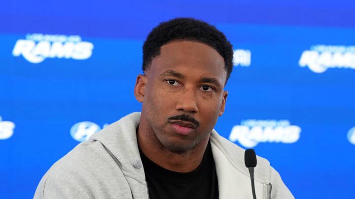 Jun 2, 2026; Woodland Hills, CA, USA; Los Angeles Rams defensive end Myles Garrett at press conference at Rams Practice Facility. Mandatory Credit: Kirby Lee-Imagn Images