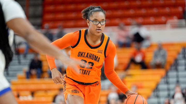 Oklahoma State guard Stailee Heard (32) looks to pass in the second quarter during an NCAA women’s basketball game between Oklahoma State and McNeese at Gallagher-Iba Arena in Stillwater, Okla., on Monday, Dec. 16, 2024. Oklahoma State guard Stailee Heard (32) looks to pass in the second quarter during an NCAA women’s basketball game between Oklahoma State and McNeese at Gallagher-Iba Arena in Stillwater, Okla., on Monday, Dec. 16, 2024.