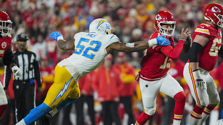 Dec 8, 2024; Kansas City, Missouri, USA; Kansas City Chiefs quarterback Patrick Mahomes (15) scrambles against Los Angeles Chargers linebacker Khalil Mack (52) during the first half at GEHA Field at Arrowhead Stadium. Mandatory Credit: Jay Biggerstaff-Imagn Images Dec 8, 2024; Kansas City, Missouri, USA; Kansas City Chiefs quarterback Patrick Mahomes (15) scrambles against Los Angeles Chargers linebacker Khalil Mack (52) during the first half at GEHA Field at Arrowhead Stadium. Mandatory Credit: Jay Biggerstaff-Imagn Images