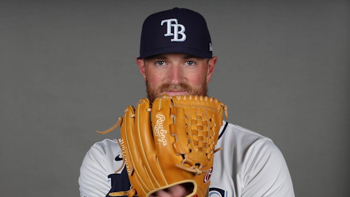 Feb 17, 2025; Port Charlotte, FL, USA; Tampa Bay Rays pitcher Drew Rasmussen (57) poses for a photo during media day.