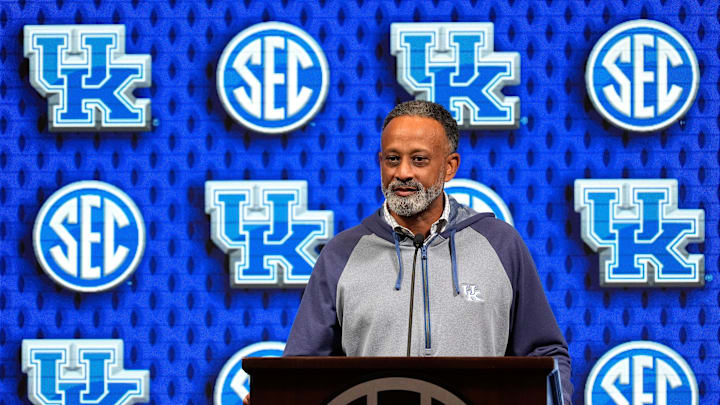 Kentucky head coach Kenny Brooks speaks during SEC Media Day at the Grand Bohemian Hotel in Mountain Brook Tuesday, Oct. 16, 2024.