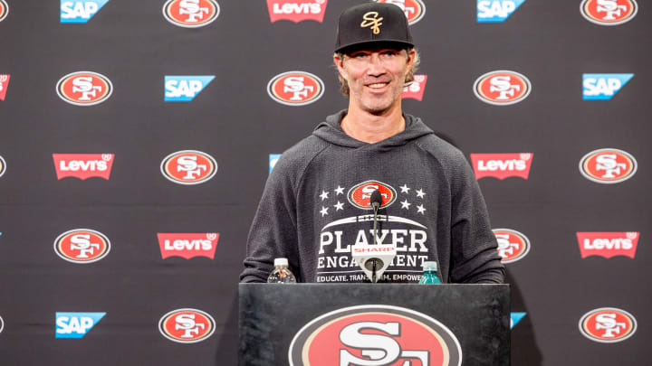May 10, 2024; Santa Clara, CA, USA;  San Francisco 49ers defensive coordinator Nick Sorensen holds a press conference before the 49ers rookie minicamp at Levi’s Stadium in Santa Clara, CA. Mandatory Credit: Robert Kupbens-USA TODAY Sports