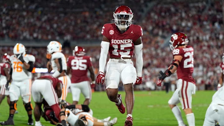 Oklahoma Sooners defensive back Kendel Dolby (15) celebrates after an OU fumble recovery during a college football game between the University of Oklahoma Sooners (OU) and the Tennessee Volunteers at Gaylord Family - Oklahoma Memorial Stadium in Norman, Okla., Saturday, Sept. 21, 2024. Oklahoma Sooners defensive back Kendel Dolby (15) celebrates after an OU fumble recovery during a college football game between the University of Oklahoma Sooners (OU) and the Tennessee Volunteers at Gaylord Family - Oklahoma Memorial Stadium in Norman, Okla., Saturday, Sept. 21, 2024.
