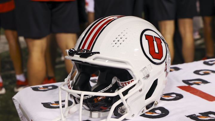 A general view of the helmet worn by the Utah Utes in the game against the Southern Utah Thunderbirds at Rice-Eccles Stadium.