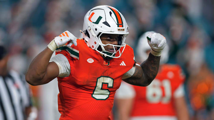 Aug 31, 2025; Miami Hurricanes running back CharMar Brown (6) reacts after scoring a touchdown against the Notre Dame Fighting Irish during the third quarter at Hard Rock Stadium.