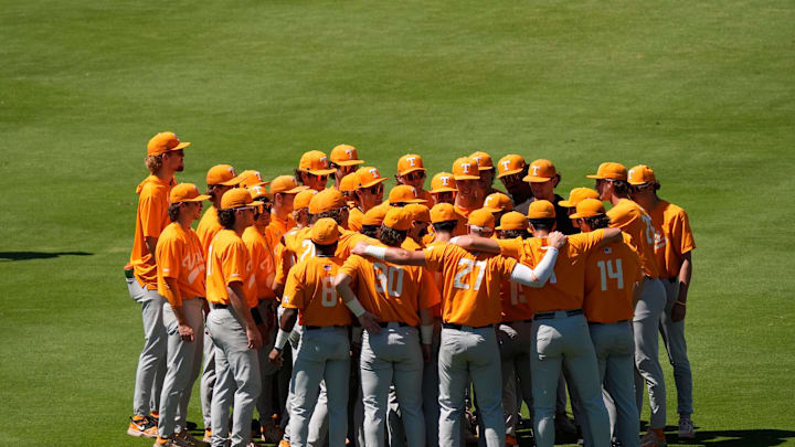 May 22, 2025; Hoover, AL, USA; Tennessee players huddle in the outfield before their game with Texas in the third round of the SEC Baseball Tournament at the Hoover Met. May 22, 2025; Hoover, AL, USA; Tennessee players huddle in the outfield before their game with Texas in the third round of the SEC Baseball Tournament at the Hoover Met.