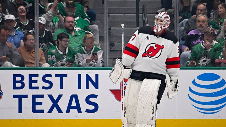 New Jersey Devils goaltender Connor Hellebuyck (37) looks on during the first period against the Dallas Stars at American Airlines Center. Mandatory Credit: Jerome Miron-Imagn Images New Jersey Devils goaltender Connor Hellebuyck (37) looks on during the first period against the Dallas Stars at American Airlines Center. Mandatory Credit: Jerome Miron-Imagn Images