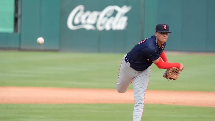 July 12, 2025; North Augusta, South Carolina, USA; Salem pitcher Luis Cohen (40) pitches during the 19th annual Military Appreciation game at SRP Park. The Augusta GreenJackets faced off against the Salem Red Sox. Salem won 9-2. Mandatory Credit: Katie Goodale - Augusta Chronicle/USA TODAY NETWORK
