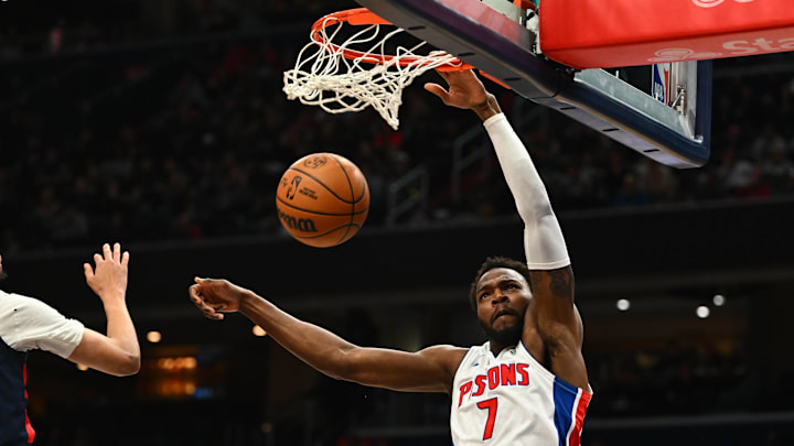 Mar 19, 2026; Washington, District of Columbia, USA; Detroit Pistons forward Paul Reed (7) dunks against the Washington Wizards during the first half at Capital One Arena. Mandatory Credit: Brad Mills-Imagn Images