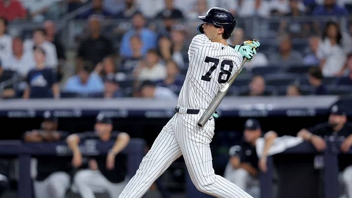 Aug 12, 2026; Bronx, New York, USA; New York Yankees right fielder Spencer Jones (78) follows through on an RBI double against the Seattle Mariners during the fifth inning at Yankee Stadium. Mandatory Credit: Brad Penner-Imagn Images Aug 12, 2026; Bronx, New York, USA; New York Yankees right fielder Spencer Jones (78) follows through on an RBI double against the Seattle Mariners during the fifth inning at Yankee Stadium. Mandatory Credit: Brad Penner-Imagn Images