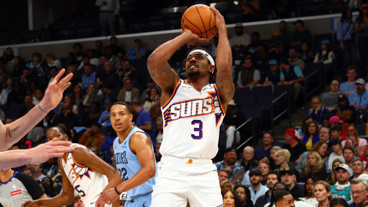 Feb 25, 2025; Memphis, Tennessee, USA; Phoenix Suns guard Bradley Beal (3) shoots during the third quarter against the Memphis Grizzlies at FedExForum. Mandatory Credit: Petre Thomas-Imagn Images