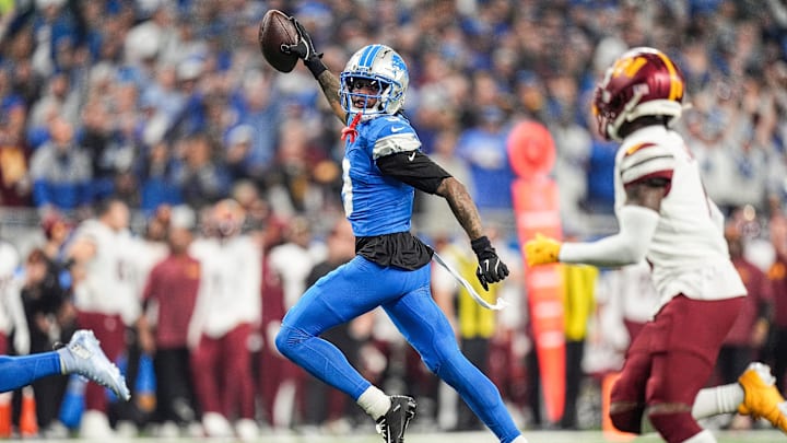 Detroit Lions wide receiver Jameson Williams (9) runs against Washington Commanders during the first half of the NFC divisional round at Ford Field in Detroit on Saturday, Jan. 18, 2025.