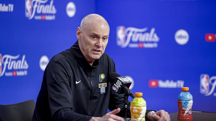 Jun 5, 2025; Oklahoma City, Oklahoma, USA; Indiana Pacers head coach Rick Carlisle speaks to the media after the Pacers defeat the Oklahoma City Thunder during game one of the 2025 NBA Finals at Paycom Center. Mandatory Credit: Alonzo Adams-Imagn Images