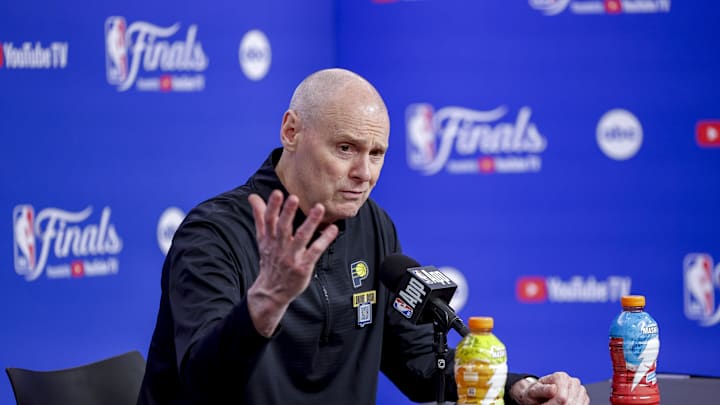 Jun 5, 2025; Oklahoma City, Oklahoma, USA; Indiana Pacers head coach Rick Carlisle speaks to the media after the Pacers defeat the Oklahoma City Thunder during game one of the 2025 NBA Finals at Paycom Center. Mandatory Credit: Alonzo Adams-Imagn Images
