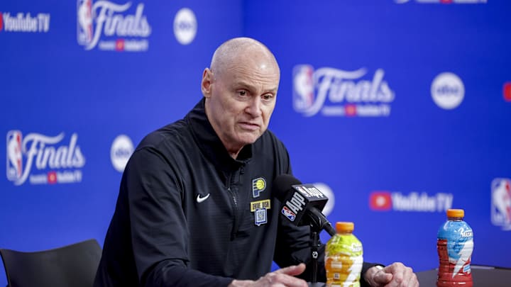 Jun 5, 2025; Oklahoma City, Oklahoma, USA; Indiana Pacers head coach Rick Carlisle speaks to the media after the Pacers defeat the Oklahoma City Thunder during game one of the 2025 NBA Finals at Paycom Center. Mandatory Credit: Alonzo Adams-Imagn Images