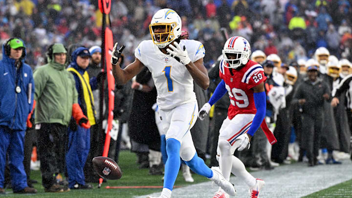 Dec 3, 2023; Foxborough, Massachusetts, USA; Los Angeles Chargers wide receiver Quentin Johnston (1) reacts after dropping a pass during the second half of a game against the New England Patriots at Gillette Stadium. Mandatory Credit: Brian Fluharty-USA TODAY Sports