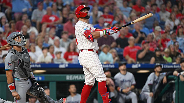 Sep 23, 2025; Philadelphia, Pennsylvania, USA; Philadelphia Phillies outfielder Kyle Schwarber (12) watches his home run during the first inning against the Miami Marlins at Citizens Bank Park. Mandatory Credit: Eric Hartline-Imagn Images Sep 23, 2025; Philadelphia, Pennsylvania, USA; Philadelphia Phillies outfielder Kyle Schwarber (12) watches his home run during the first inning against the Miami Marlins at Citizens Bank Park. Mandatory Credit: Eric Hartline-Imagn Images