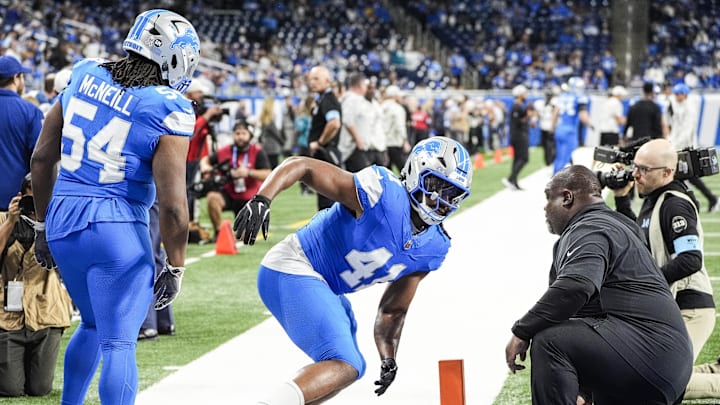 Nov 17, 2024; Detroit, MI, USA; Detroit Lions linebacker James Houston (41) warms up before the game between Detroit Lions and Jacksonville Jaguars at Ford Field in Detroit on Sunday, Nov. 17, 2024. Mandatory Credit: Junfu Han/USA TODAY Network via Imagn Images 