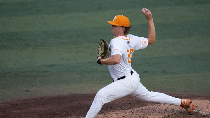 Tennessee's Tanner Franklin (50) pitches against Wake Forest at the NCAA college baseball Knoxville Regional final on June 2, 2025, in Knoxville, Tenn.