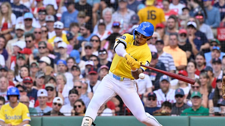 Boston Red Sox center fielder Jarren Duran (16) hits a double against the Tampa Bay Rays during the sixth inning at Fenway Park on July 12. 