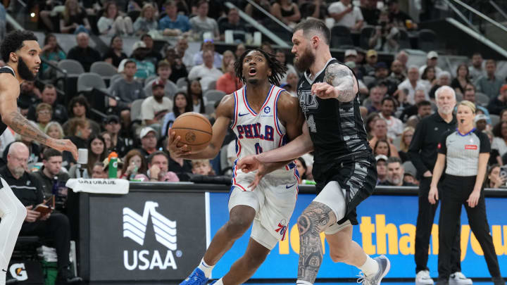 Apr 7, 2024; San Antonio, Texas, USA; Philadelphia 76ers guard Tyrese Maxey (0) drives in against Apr 7, 2024; San Antonio, Texas, USA; Philadelphia 76ers guard Tyrese Maxey (0) drives in against