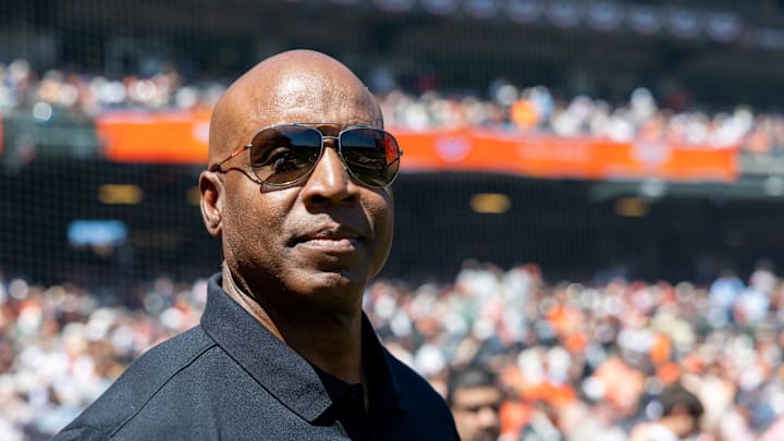 Apr 4, 2025; San Francisco, California, USA; San Francisco Giants legend Barry Bonds is introduced before the game against the Seattle Mariners at Oracle Park. Mandatory Credit: Bob Kupbens-Imagn Images