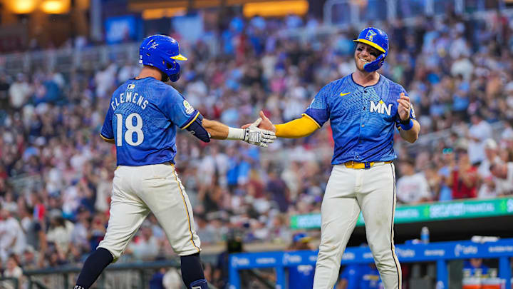 Aug 8, 2025; Minneapolis, Minnesota, USA; Minnesota Twins outfielder Kody Clemens (18) celebrates his home run with catcher Ryan Jeffers (27) against the Kansas City Royals in the fourth inning at Target Field. Mandatory Credit: Brad Rempel-Imagn Images Aug 8, 2025; Minneapolis, Minnesota, USA; Minnesota Twins outfielder Kody Clemens (18) celebrates his home run with catcher Ryan Jeffers (27) against the Kansas City Royals in the fourth inning at Target Field. Mandatory Credit: Brad Rempel-Imagn Images