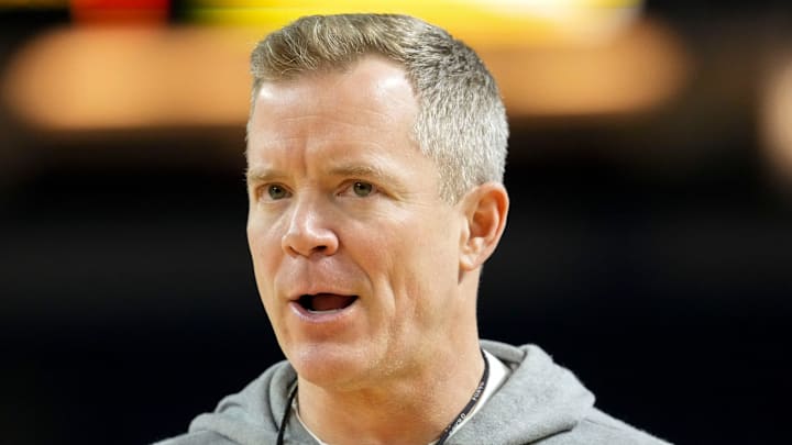 Michigan Wolverines head coach Dusty May watches during practice ahead of a Final Four game on Friday, April 3, 2026, at Lucas Oil Stadium in Indianapolis.
